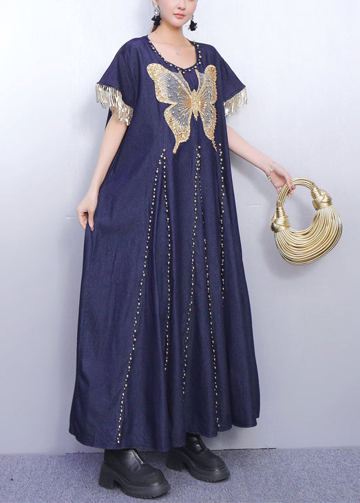 Women Navy Tasseled Butterfly Denim Vacation Dresses Summer