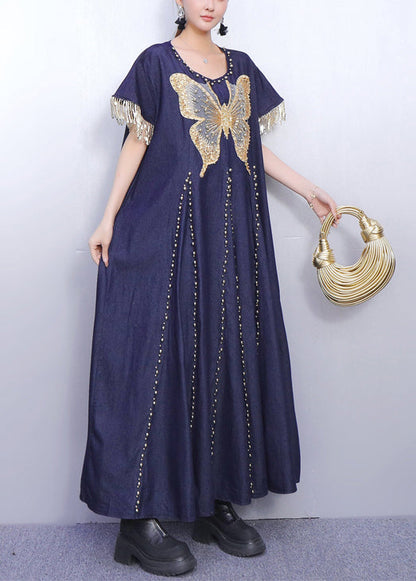 Women Navy Tasseled Butterfly Denim Vacation Dresses Summer