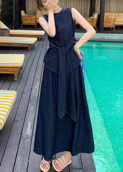 Women Navy Tie Waist Shirts And Maxi Skirts Two Piece Set Summer