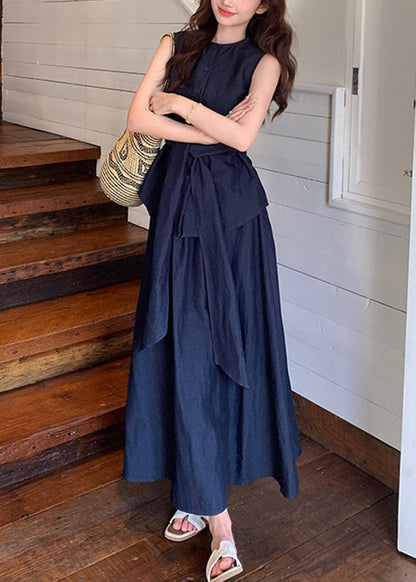 Women Navy Tie Waist Shirts And Maxi Skirts Two Piece Set Summer