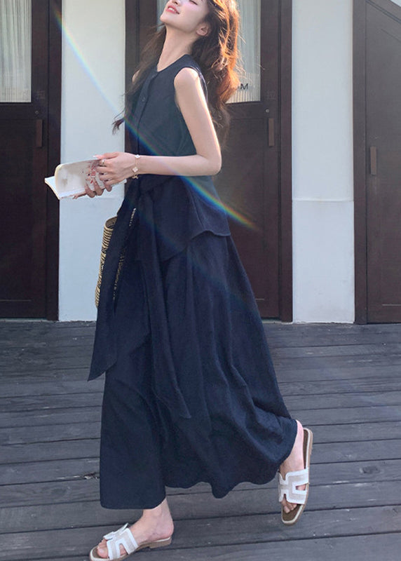 Women Navy Tie Waist Shirts And Maxi Skirts Two Piece Set Summer