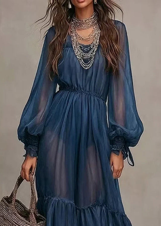 Women Navy Wrinkled Patchwork Chiffon Robe Dresses Flare Sleeve