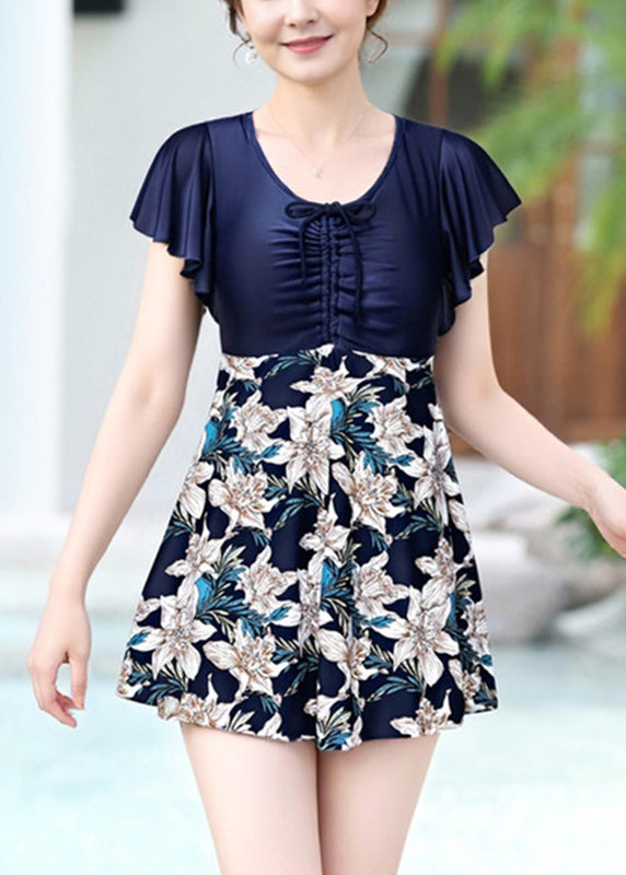 Women Navy Wrinkled Patchwork Slips Lingerie Set Swimwear