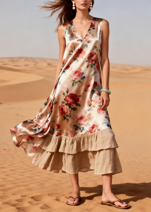 Women Nude Flower Patchwork Linen Silk Long Dress Summer