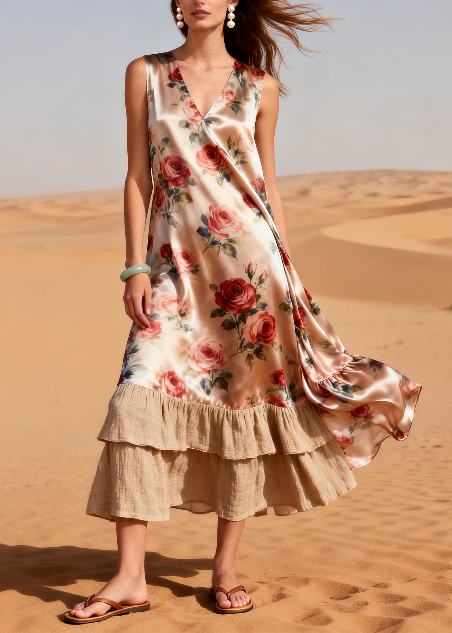 Women Nude Flower Patchwork Linen Silk Long Dress Summer
