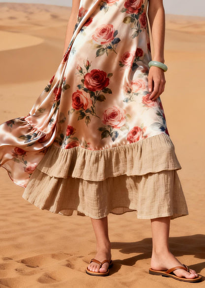 Women Nude Flower Patchwork Linen Silk Long Dress Summer