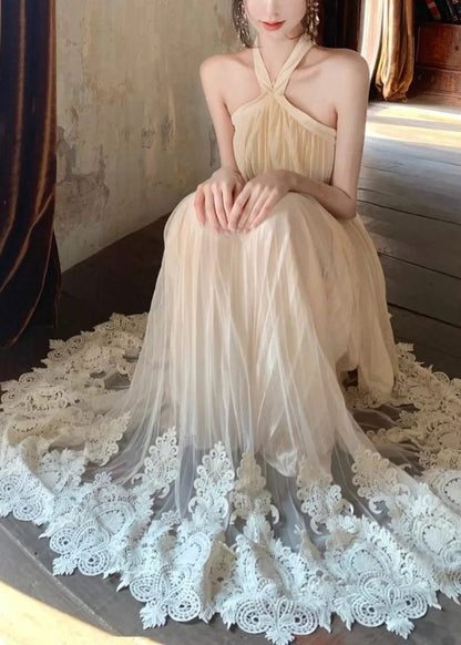 Women Nude Halter Lace Patchwork Tulle Two Pieces Set Summer
