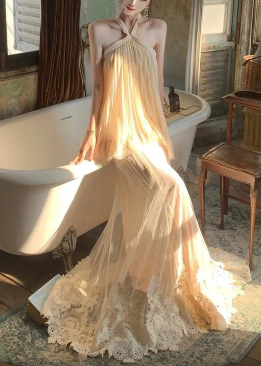 Women Nude Halter Lace Patchwork Tulle Two Pieces Set Summer