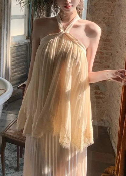 Women Nude Halter Lace Patchwork Tulle Two Pieces Set Summer