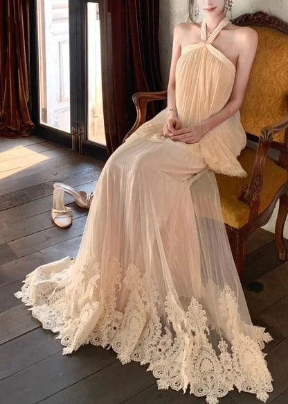 Women Nude Halter Lace Patchwork Tulle Two Pieces Set Summer