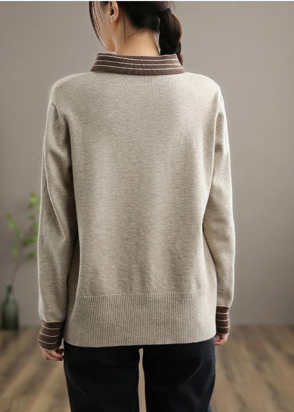 Women Nude Knit Tops Clothing Lapel Patchwork Knit Top Silhouette - SooLinen