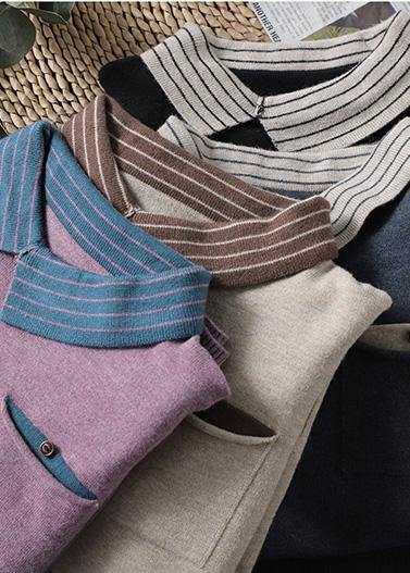 Women Nude Knit Tops Clothing Lapel Patchwork Knit Top Silhouette - SooLinen