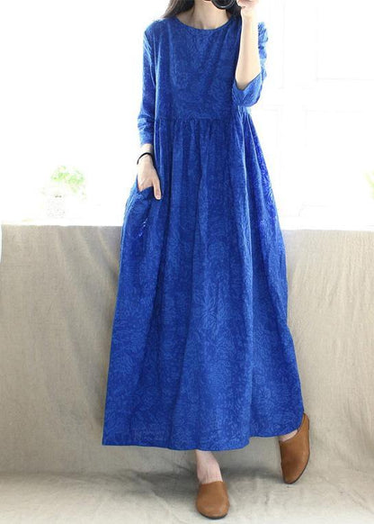Women O Neck Cinched Tunics Photography Blue Kaftan Dresses - SooLinen