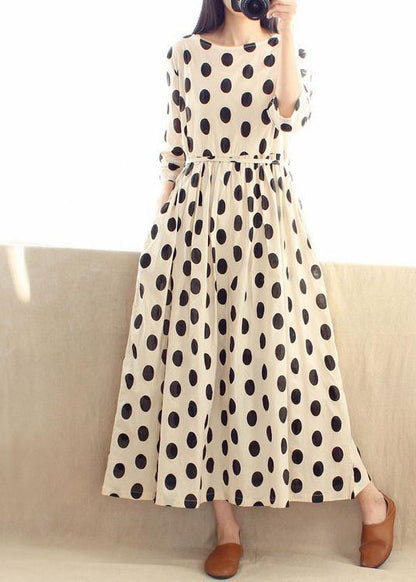 Women O Neck Cinched Wardrobes Design Beige Dotted A Line Dress - SooLinen