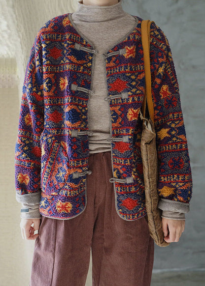 Women O Neck Jacquard Chinese Button Faux Fur Fine Cotton Filled Coats Winter
