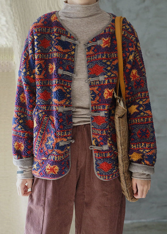 Women O Neck Jacquard Chinese Button Faux Fur Fine Cotton Filled Coats Winter
