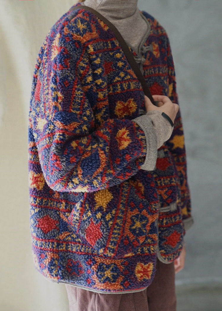 Women O Neck Jacquard Chinese Button Faux Fur Fine Cotton Filled Coats Winter