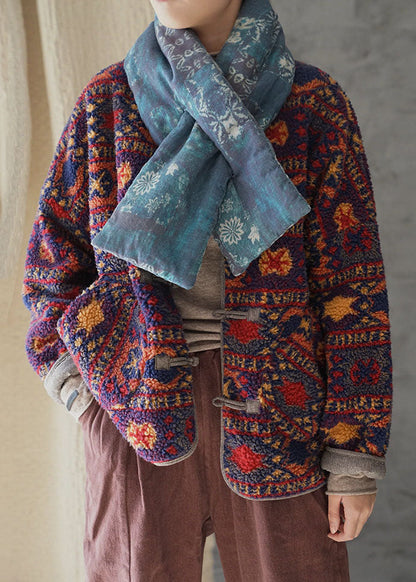 Women O Neck Jacquard Chinese Button Faux Fur Fine Cotton Filled Coats Winter