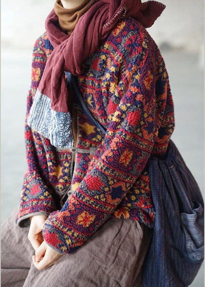 Women O Neck Jacquard Chinese Button Faux Fur Fine Cotton Filled Coats Winter