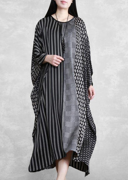 Women O Neck Patchwork Spring Clothes Pattern Black Striped A Line Dress - SooLinen