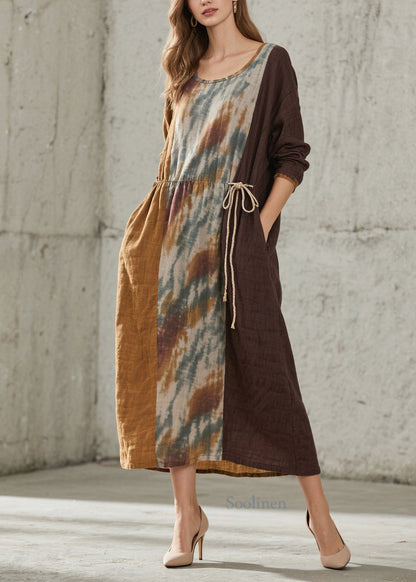 Women O Neck Print Lace Up Cotton Maxi Dresses Fall