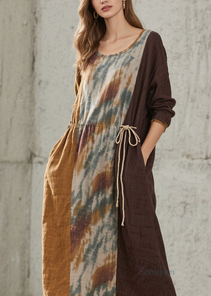 Women O Neck Print Lace Up Cotton Maxi Dresses Fall