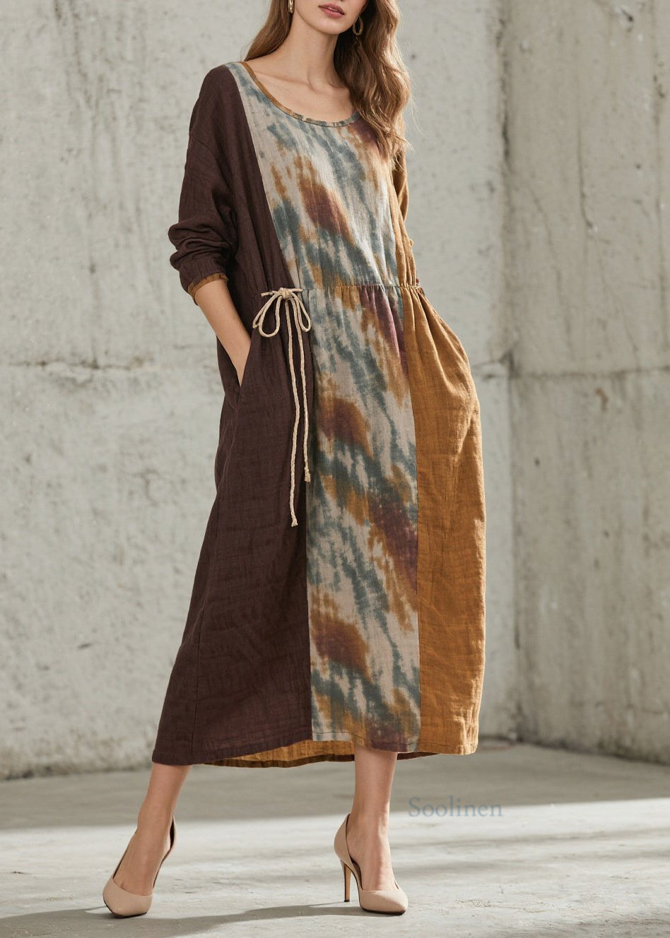 Women O Neck Print Lace Up Cotton Maxi Dresses Fall