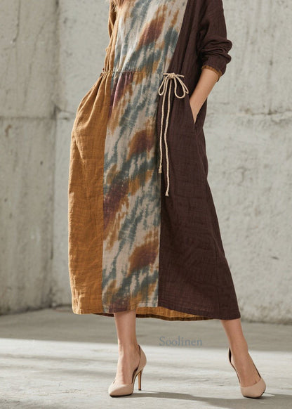 Women O Neck Print Lace Up Cotton Maxi Dresses Fall