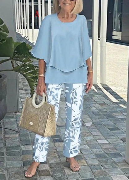 Women O Neck Print Loose Chiffon Two Pieces Set Summer