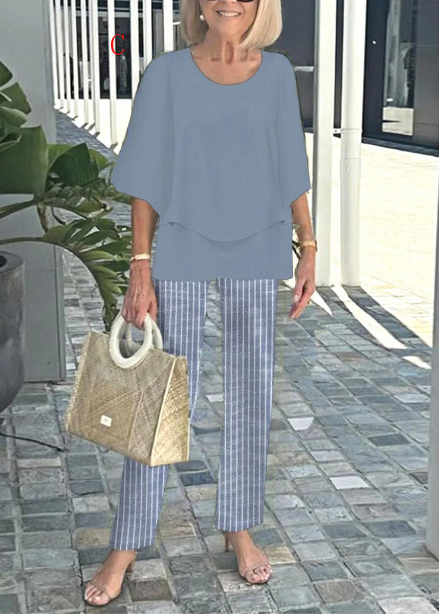 Women O Neck Print Loose Chiffon Two Pieces Set Summer