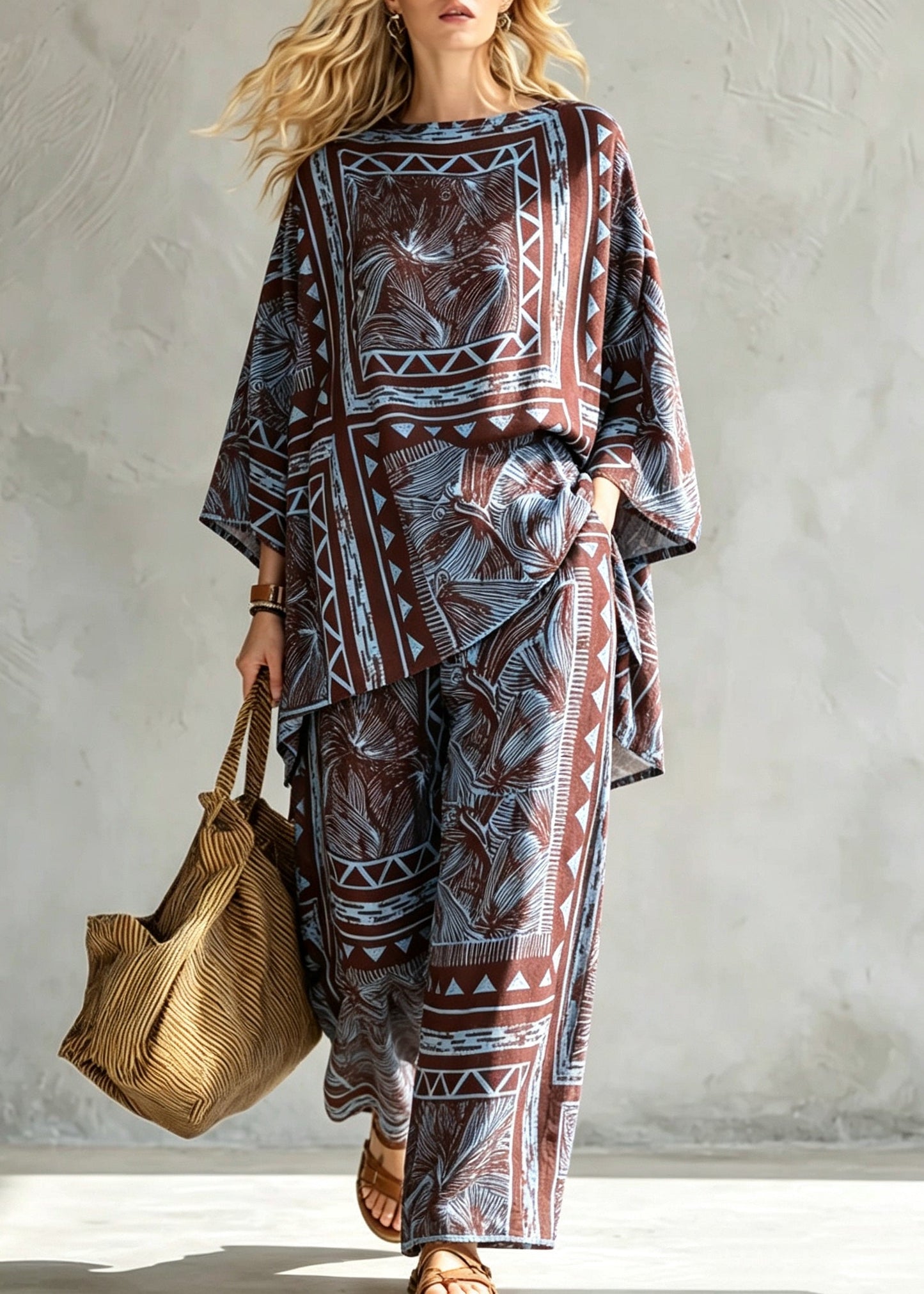 Women O Neck Print Tops And Pants Cotton Pajamas 2 Piece Outfit Summer