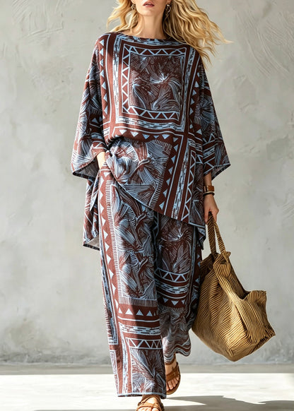 Women O Neck Print Tops And Pants Cotton Pajamas 2 Piece Outfit Summer