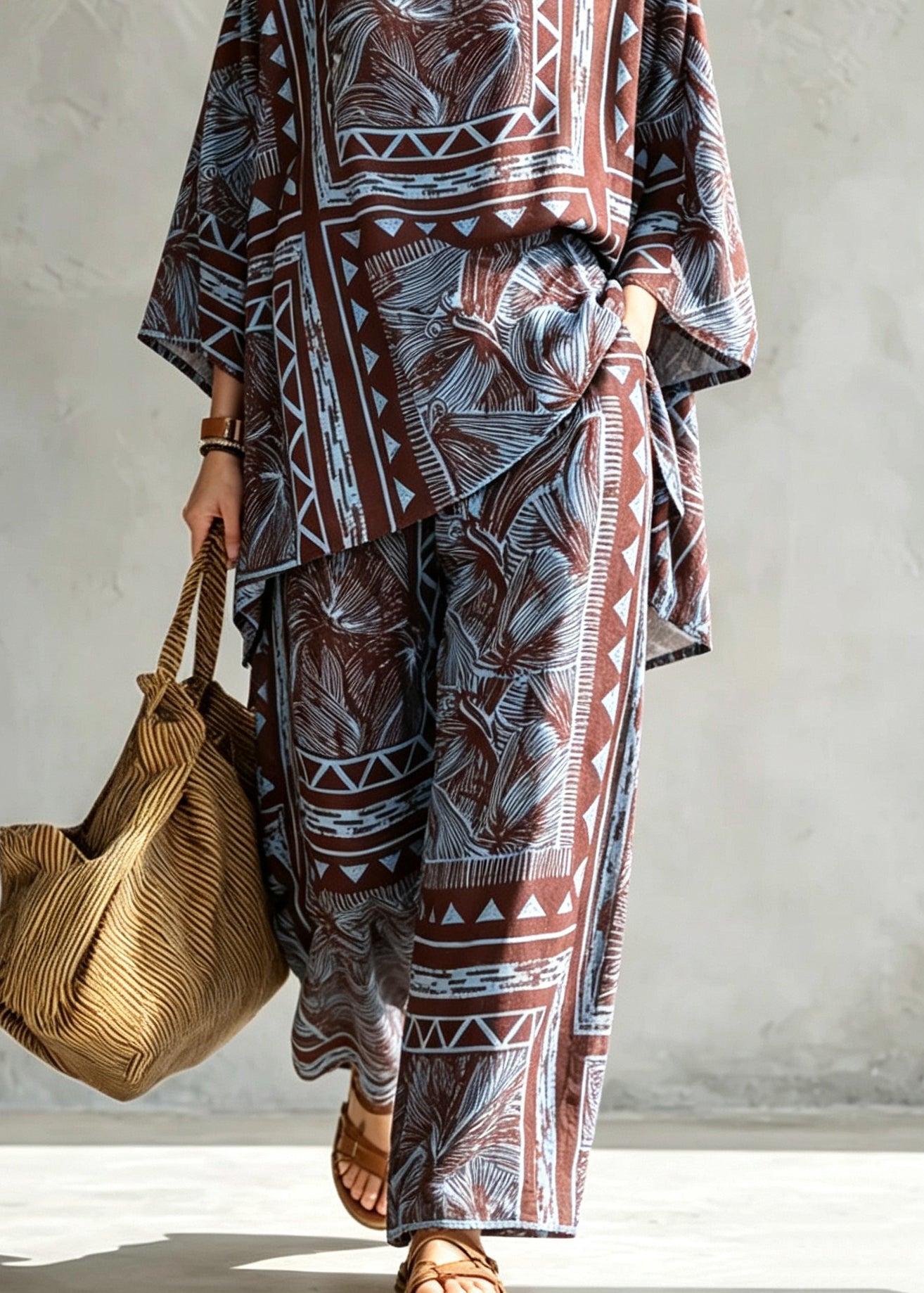 Women O Neck Print Tops And Pants Cotton Pajamas 2 Piece Outfit Summer