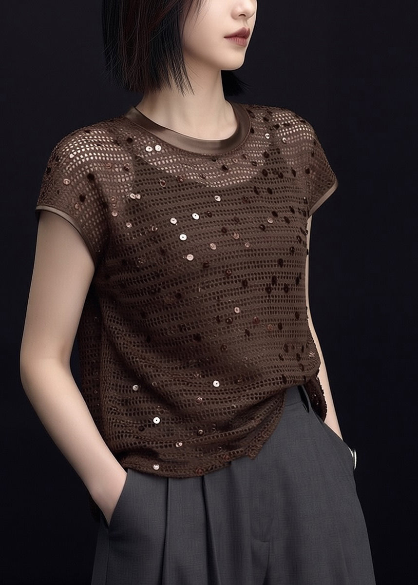 Women O-Neck Sequins Knit T Shirt Summer