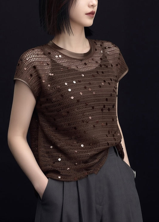 Women O-Neck Sequins Knit T Shirt Summer
