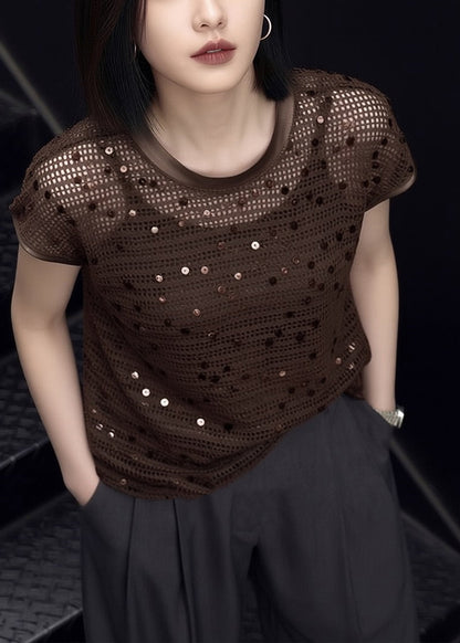 Women O-Neck Sequins Knit T Shirt Summer