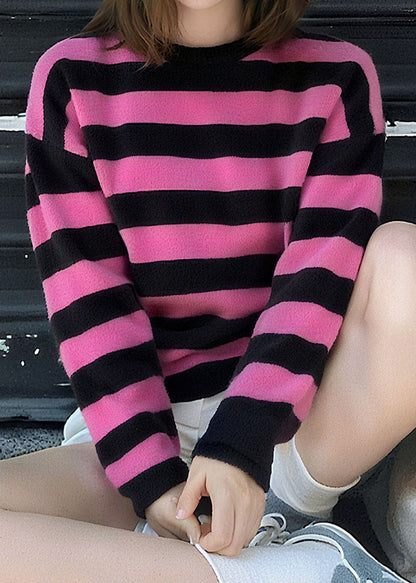 Women O Neck Striped Cozy Patchwork Knit Sweater Fall