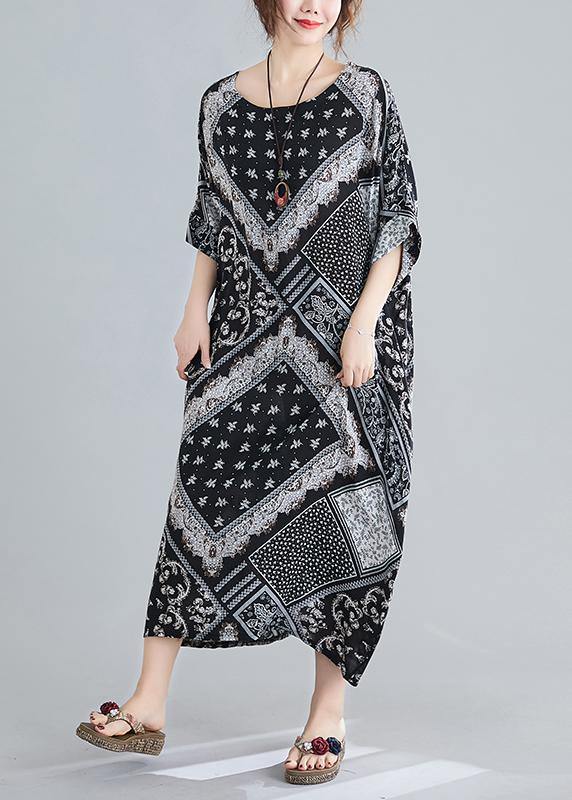 Women O Neck Summer Quilting Dresses Photography Black Print Traveling Dress - SooLinen