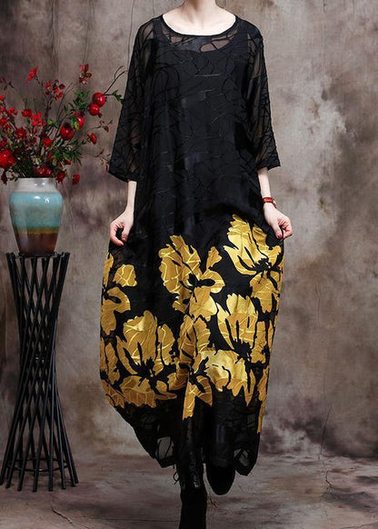 Women Lace Maxi Dress Yellow Loose Dress - SooLinen