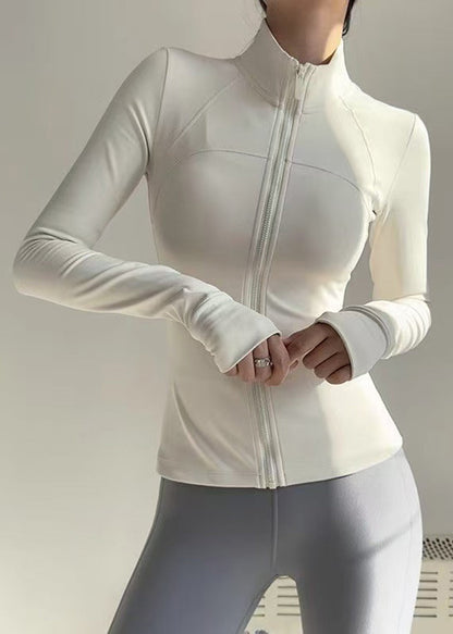 Women Off White Warm Fleece Stand Collar Long Sleeve Tennis Coats