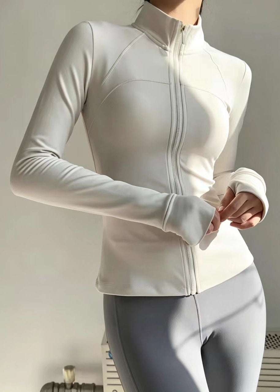 Women Off White Warm Fleece Stand Collar Long Sleeve Tennis Coats
