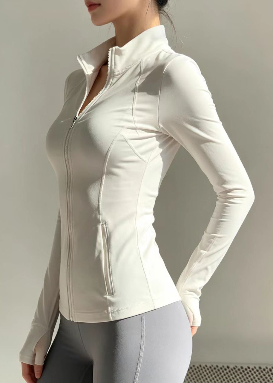 Women Off White Warm Fleece Stand Collar Long Sleeve Tennis Coats