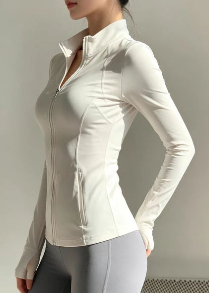 Women Off White Warm Fleece Stand Collar Long Sleeve Tennis Coats