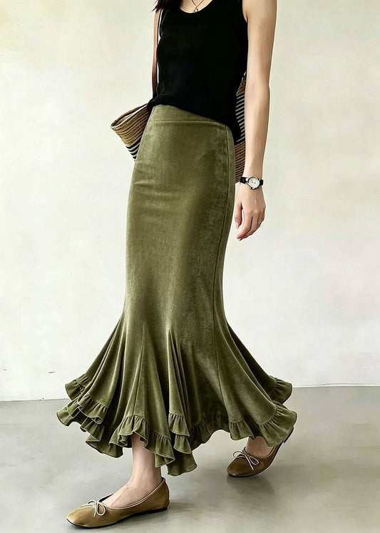 Women Olive Green Asymmetrical Ruffled Silk Velvet Mermaid Skirts Fall