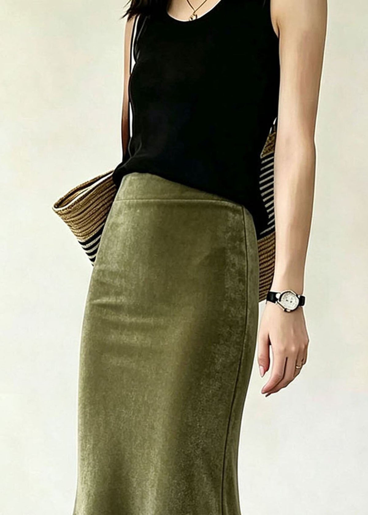 Women Olive Green Asymmetrical Ruffled Silk Velvet Mermaid Skirts Fall