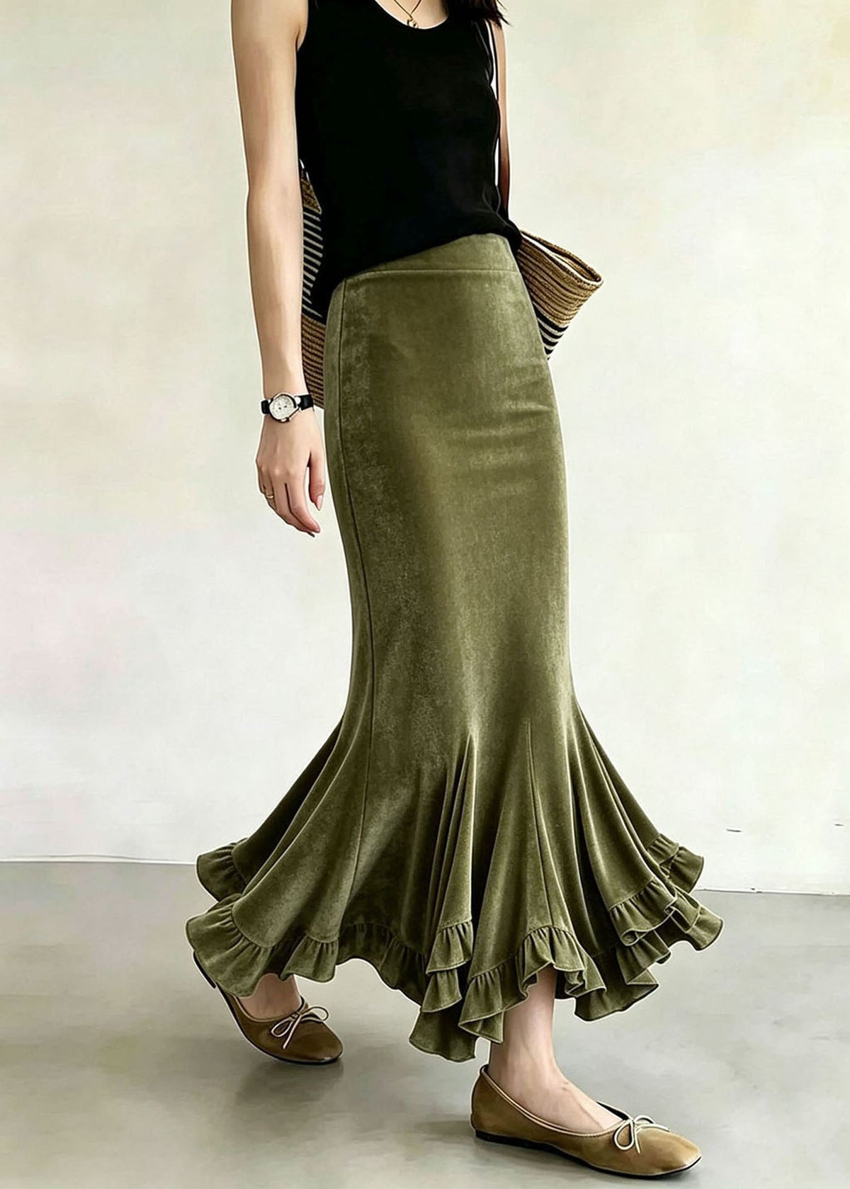 Women Olive Green Asymmetrical Ruffled Silk Velvet Mermaid Skirts Fall