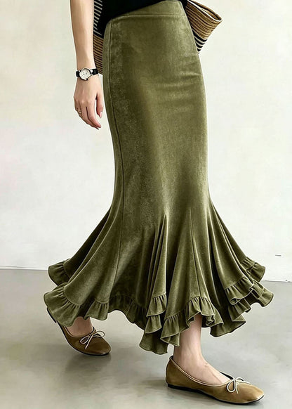 Women Olive Green Asymmetrical Ruffled Silk Velvet Mermaid Skirts Fall