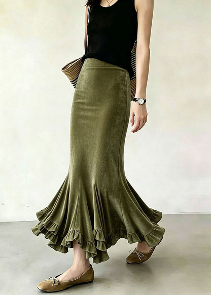 Women Olive Green Asymmetrical Ruffled Silk Velvet Mermaid Skirts Fall