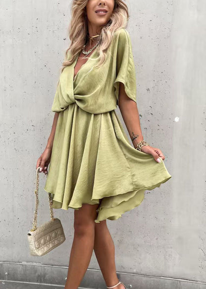Women Olive Green V Neck Solid Cotton Mid Dress Half Sleeve