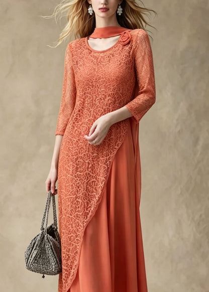 Women Orange Asymmetrical Lace Long Smock And Chiffon Dress 2 Piece Outfit Summer